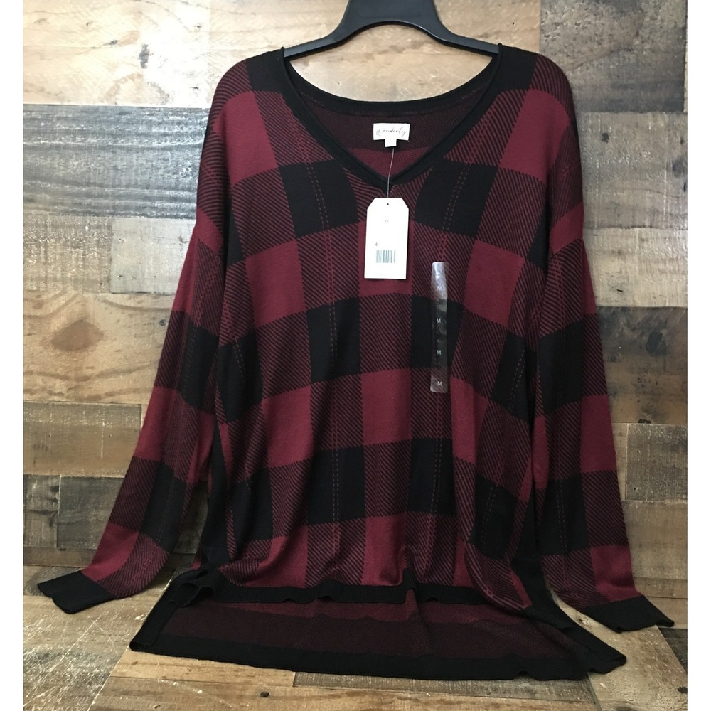 NWT Wonderly Sweater Women Medium Buffalo Check Plaid Red Cabincore Cozy Boho